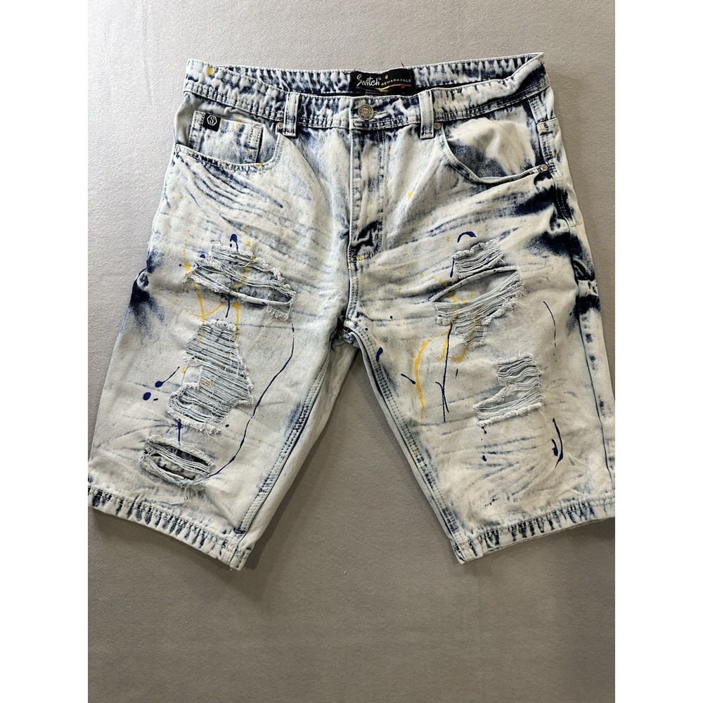 Switch Remarkable Men's Denim Shorts Distressed Acid Wash Paint Splatter size 36